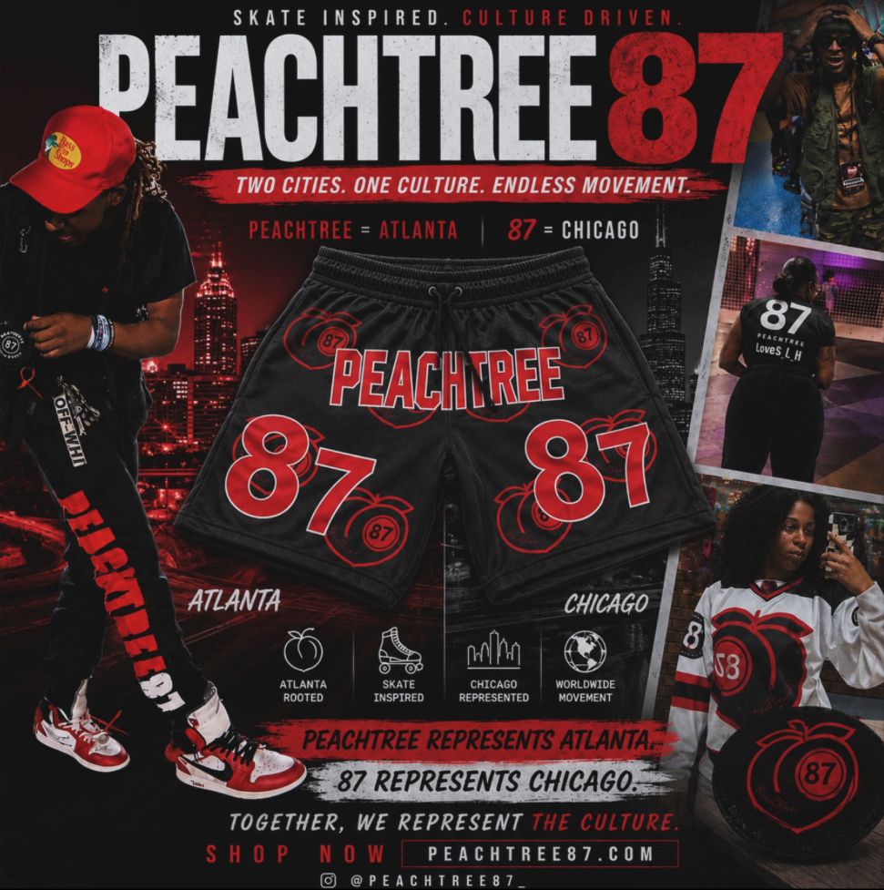 Peachtree87 skate-inspired, culture-driven merch featuring shorts, jerseys, skaters, Atlanta and Chicago